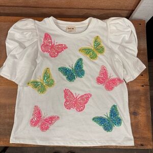 Peach Love California White Tee with Sequin Butterflies